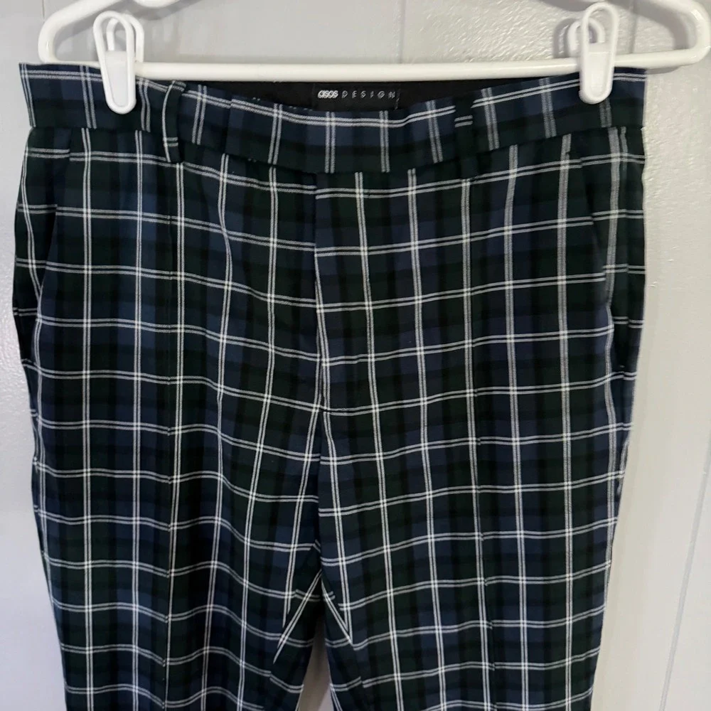 ASOS DESIGN Plaid Trousers Mens‎ 32x32 Navy Green Tartan Skinny Smart Pants